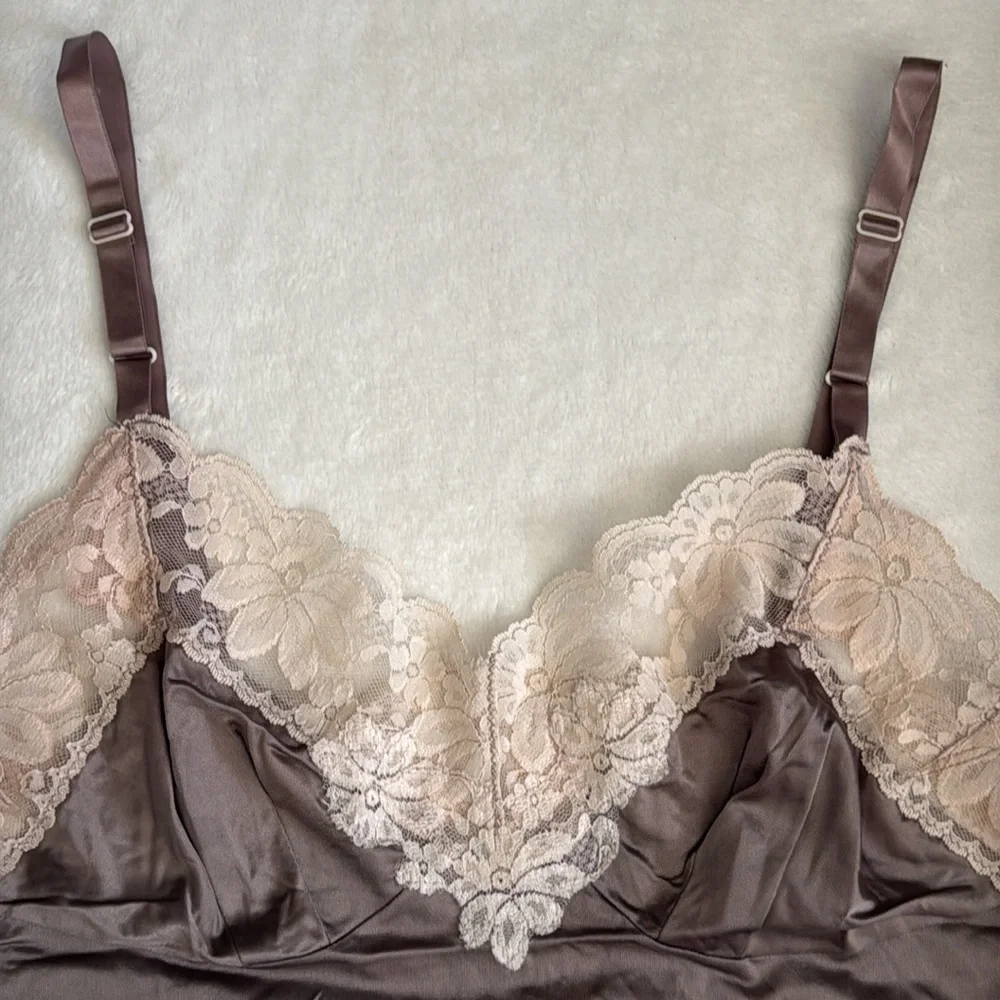 {VTG} Lorraine | 70s 80s Babydoll Scallop Floral Lace Trim Nylon Full Slip Dress - Picture 5 of 16